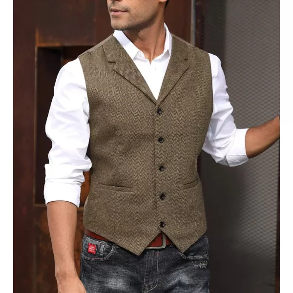 PAUL JONES Mens Western Herringbone Suit Vest Tweed Wool Blend Slim Fit Waistcoat