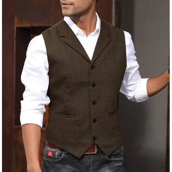 PAUL JONES Mens Western Herringbone Suit Vest Tweed Wool Blend Slim Fit Waistcoat