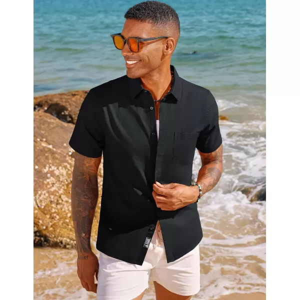 PJ PAUL JONES Men Cotton Linen Shirt Casual Short Sleeve Button Down Shirts Summer Beach Shirt Vacation Shirt with Pocket