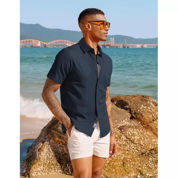 PJ PAUL JONES Men Cotton Linen Shirt Casual Short Sleeve Button Down Shirts Summer Beach Shirt Vacation Shirt with Pocket