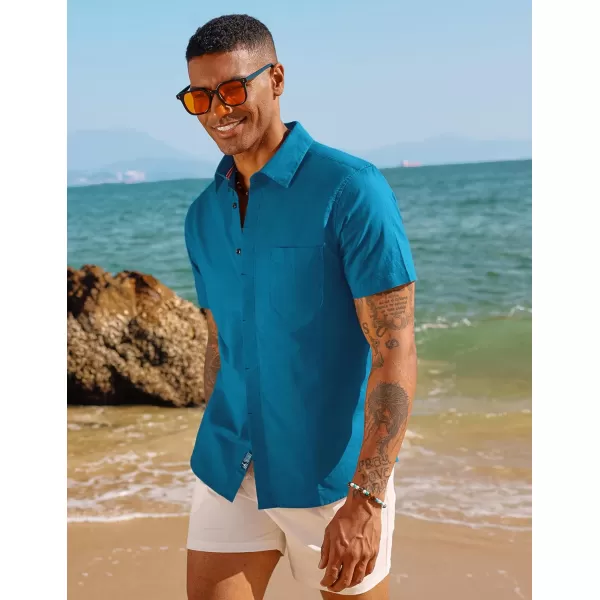 PJ PAUL JONES Men Cotton Linen Shirt Casual Short Sleeve Button Down Shirts Summer Beach Shirt Vacation Shirt with Pocket
