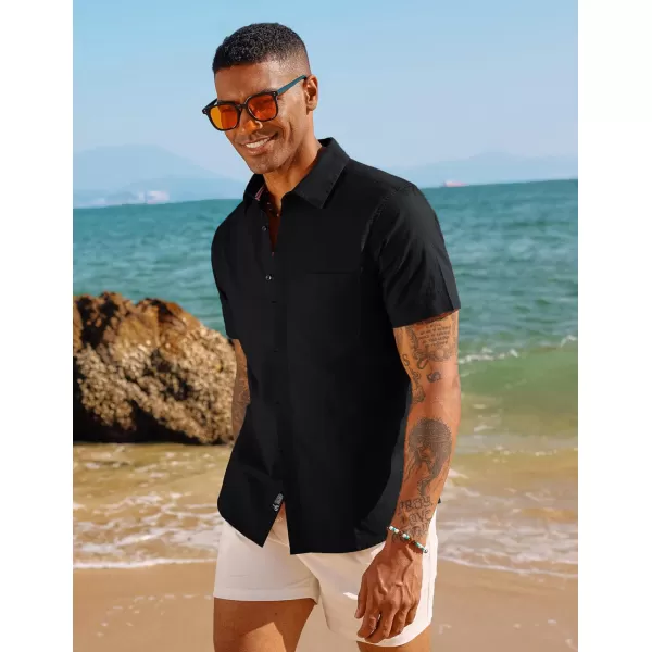 PJ PAUL JONES Men Cotton Linen Shirt Casual Short Sleeve Button Down Shirts Summer Beach Shirt Vacation Shirt with Pocket