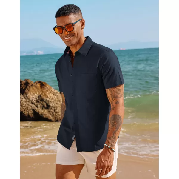 PJ PAUL JONES Men Cotton Linen Shirt Casual Short Sleeve Button Down Shirts Summer Beach Shirt Vacation Shirt with Pocket