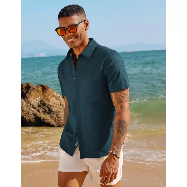 PJ PAUL JONES Men Cotton Linen Shirt Casual Short Sleeve Button Down Shirts Summer Beach Shirt Vacation Shirt with Pocket