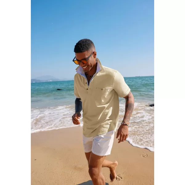 PJ PAUL JONES Men Cotton Linen Shirt Casual Short Sleeve Hippie Shirts Summer Beach Shirt Vacation Shirt with Pocket