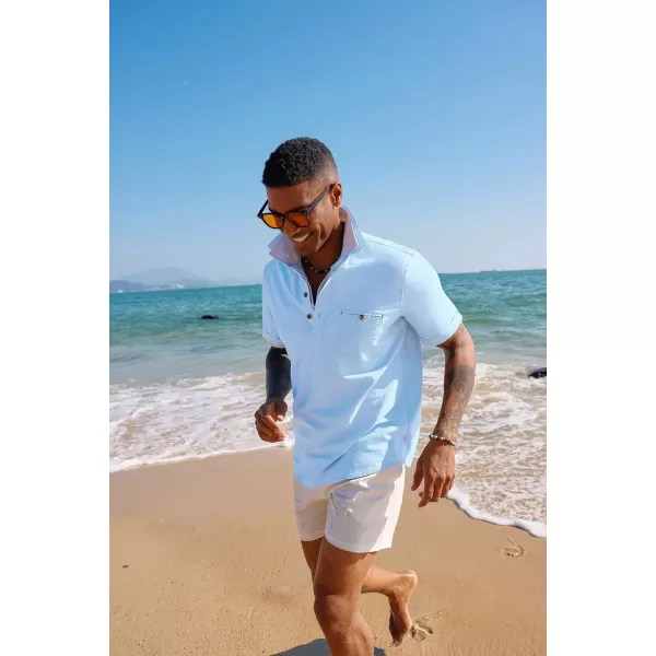PJ PAUL JONES Men Cotton Linen Shirt Casual Short Sleeve Hippie Shirts Summer Beach Shirt Vacation Shirt with Pocket