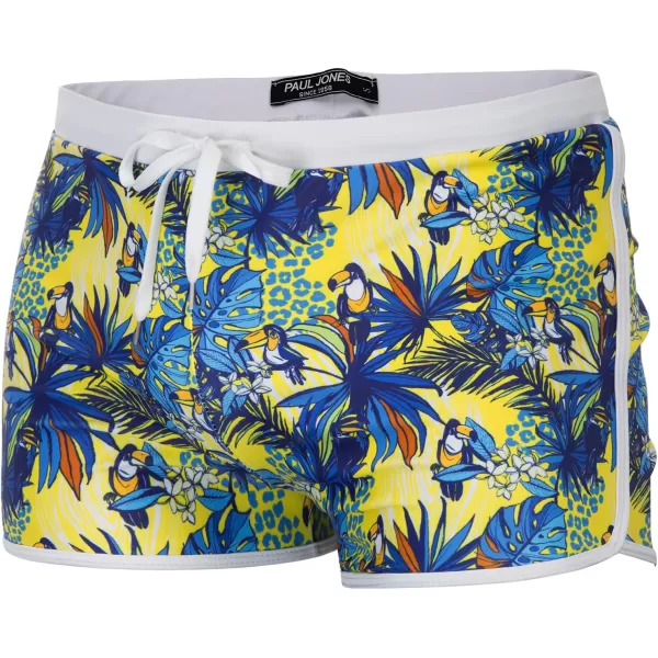 PJ PAUL JONES Men's 50s Vintage Tropical Print Swim Brief Square Leg Contrast Swimwear Swimsuit