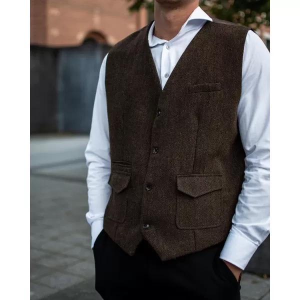 PJ PAUL JONES Men's British Herringbone Tweed Vest Casual Wool Blend Waistcoat with Pockets