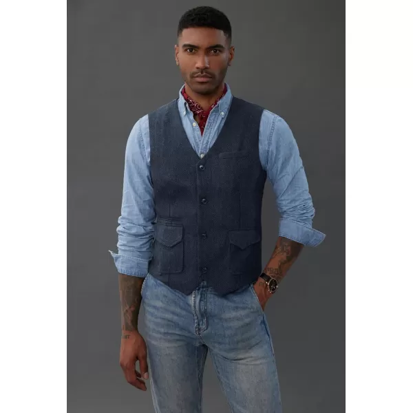 PJ PAUL JONES Men's British Herringbone Tweed Vest Casual Wool Blend Waistcoat with Pockets