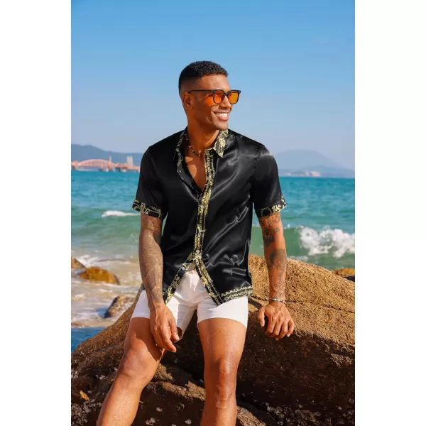 PJ PAUL JONES Mens Button Down Shirt Casual Stretch Satin Silk Shirts Hawaiian Beach Shirts
