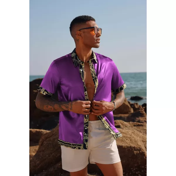 PJ PAUL JONES Mens Button Down Shirt Casual Stretch Satin Silk Shirts Hawaiian Beach Shirts
