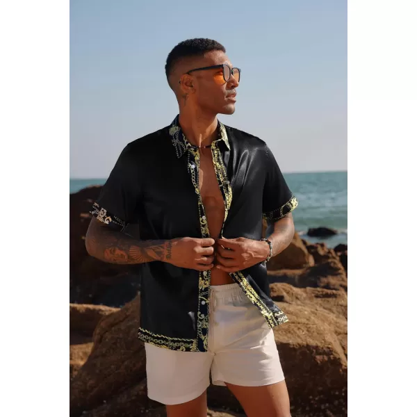 PJ PAUL JONES Mens Button Down Shirt Casual Stretch Satin Silk Shirts Hawaiian Beach Shirts