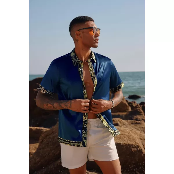 PJ PAUL JONES Mens Button Down Shirt Casual Stretch Satin Silk Shirts Hawaiian Beach Shirts