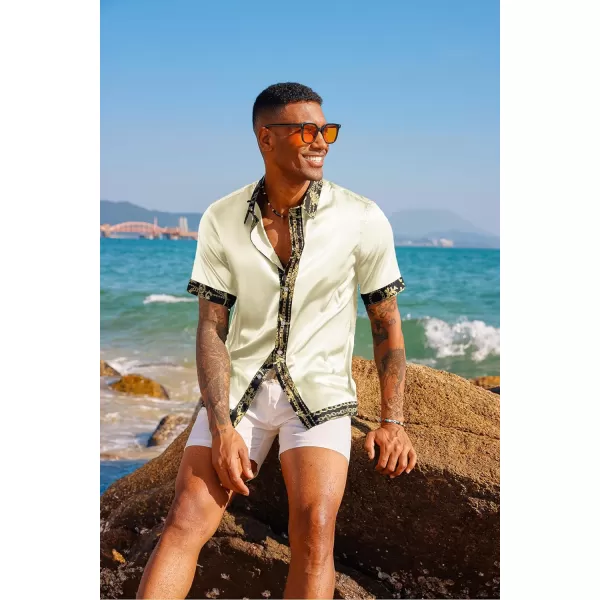 PJ PAUL JONES Mens Button Down Shirt Casual Stretch Satin Silk Shirts Hawaiian Beach Shirts