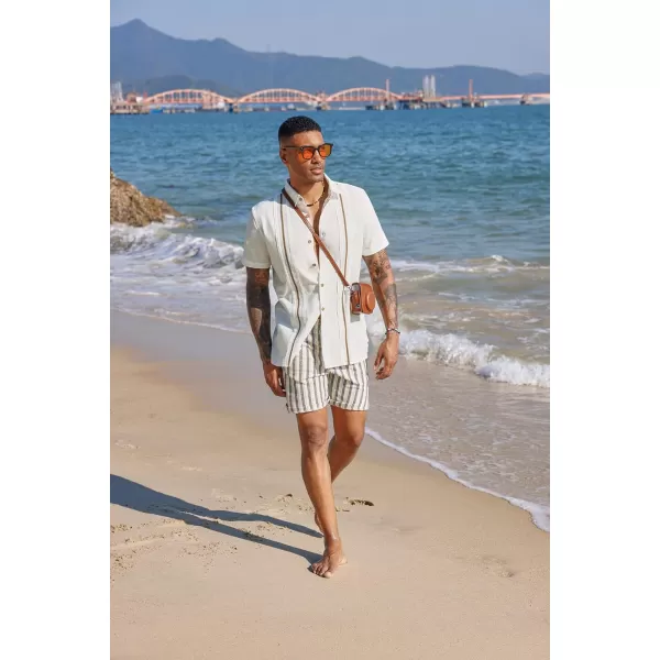 PJ PAUL JONES Men's Casual Button Down Shirts Linen Cuban Guayabera Shirt Color Blocking Stripes Cotton Beach Shirts