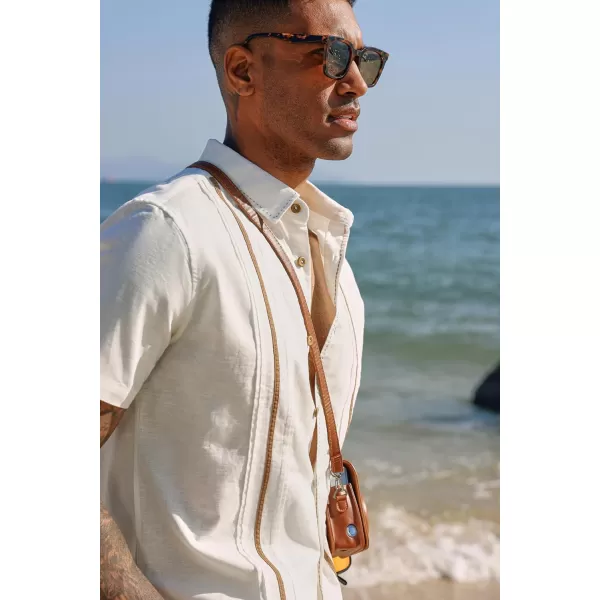 PJ PAUL JONES Men's Casual Button Down Shirts Linen Cuban Guayabera Shirt Color Blocking Stripes Cotton Beach Shirts