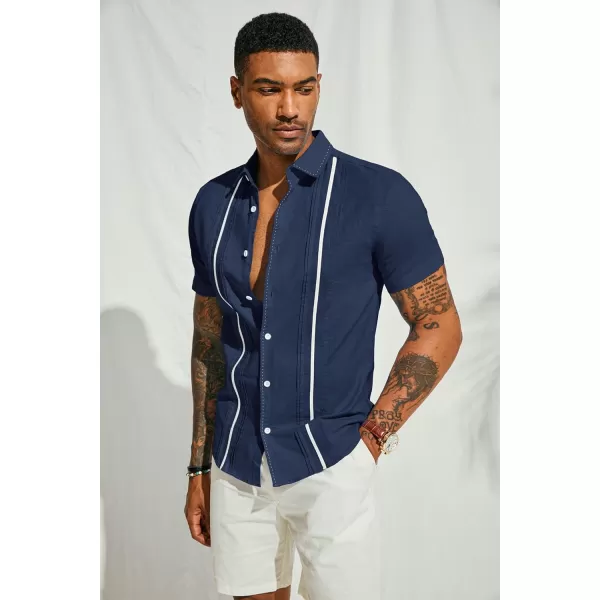PJ PAUL JONES Men's Casual Button Down Shirts Linen Cuban Guayabera Shirt Color Blocking Stripes Cotton Beach Shirts