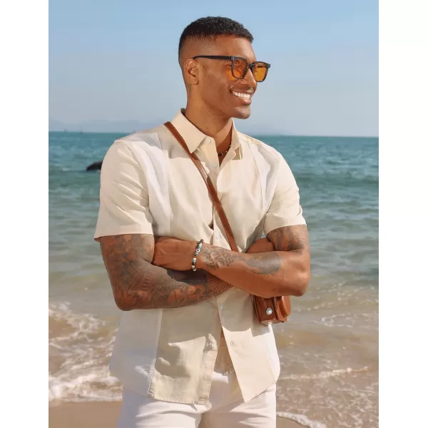PJ PAUL JONES Men's Cotton Linen Shirts Vintage Contrast Breathable Button Down Shirts Retro Short Sleeve Dress Shirts