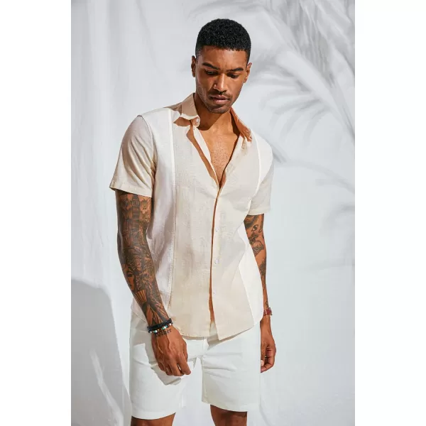 PJ PAUL JONES Men's Cotton Linen Shirts Vintage Contrast Breathable Button Down Shirts Retro Short Sleeve Dress Shirts