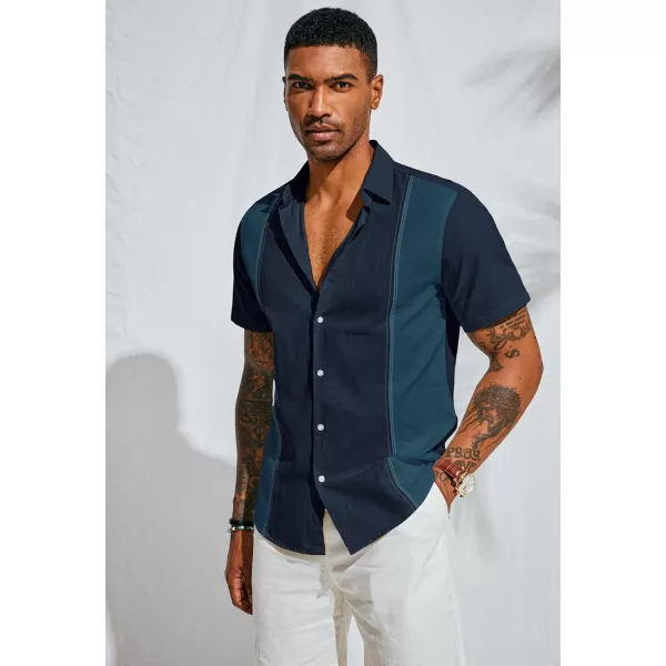 PJ PAUL JONES Men's Cotton Linen Shirts Vintage Contrast Breathable Button Down Shirts Retro Short Sleeve Dress Shirts