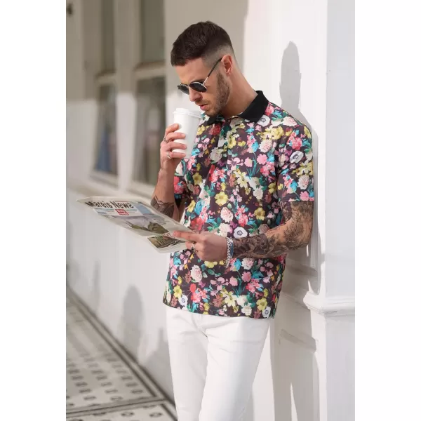 PJ PAUL JONES Mens Flower Polo Shirts Vintage Print Casual Tee Shirts for Summer