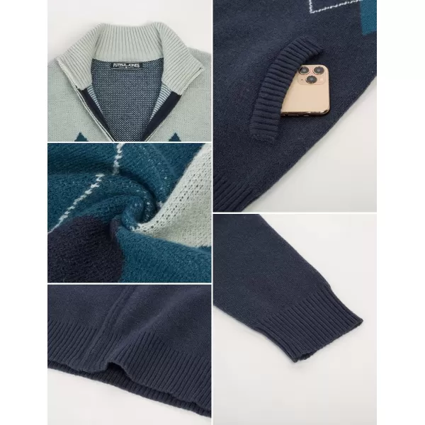PJ PAUL JONES Mens Full Zip Cardigan Sweaters Argyle Stand Collar Knitwear