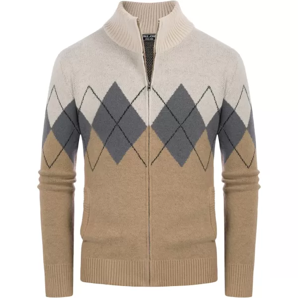 PJ PAUL JONES Mens Full Zip Cardigan Sweaters Argyle Stand Collar Knitwear