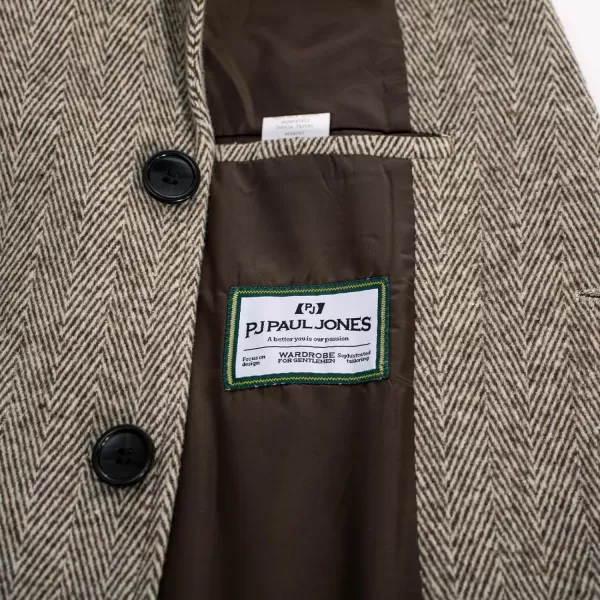 PJ PAUL JONES Men's Herringbone Wool Blend Long Overcoat Pea Coat with Brooch)