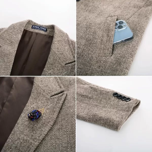 PJ PAUL JONES Men's Herringbone Wool Blend Long Overcoat Pea Coat with Brooch)