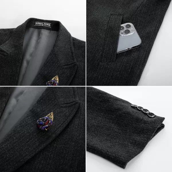 PJ PAUL JONES Men's Herringbone Wool Blend Long Overcoat Pea Coat with Brooch)