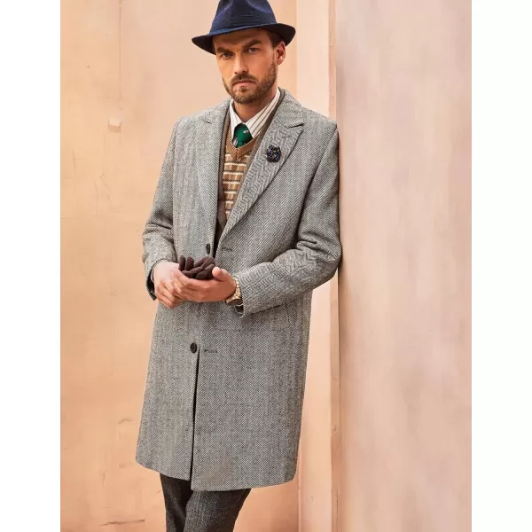 PJ PAUL JONES Men's Herringbone Wool Blend Long Overcoat Pea Coat with Brooch