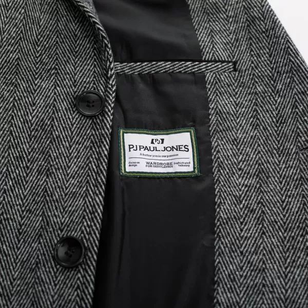 PJ PAUL JONES Men's Herringbone Wool Blend Long Overcoat Pea Coat with Brooch)