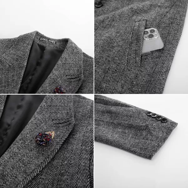 PJ PAUL JONES Men's Herringbone Wool Blend Long Overcoat Pea Coat with Brooch)