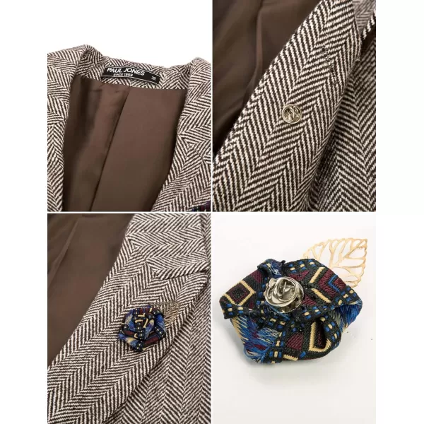 PJ PAUL JONES Men's Herringbone Wool Blend Long Overcoat Pea Coat with Brooch