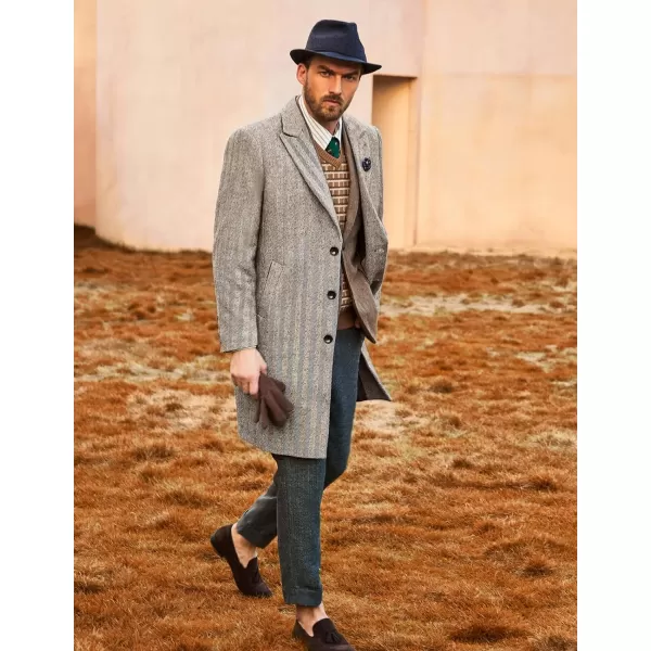 PJ PAUL JONES Men's Herringbone Wool Blend Long Overcoat Pea Coat with Brooch