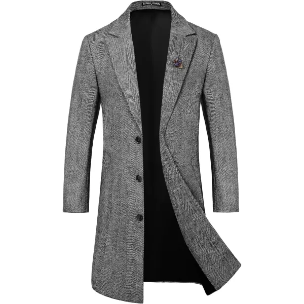 PJ PAUL JONES Men's Herringbone Wool Blend Long Overcoat Pea Coat with Brooch)