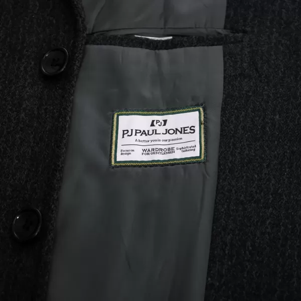PJ PAUL JONES Men's Herringbone Wool Blend Long Overcoat Pea Coat with Brooch)