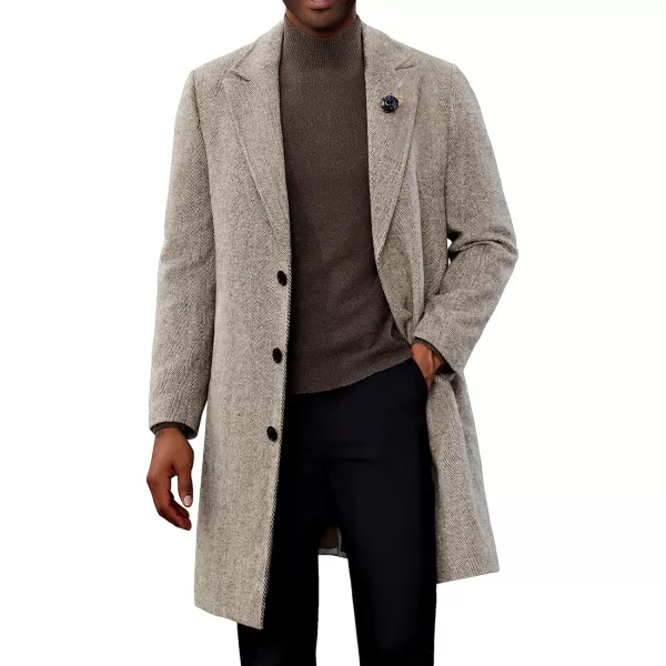 PJ PAUL JONES Men's Herringbone Wool Blend Long Overcoat Pea Coat with Brooch)
