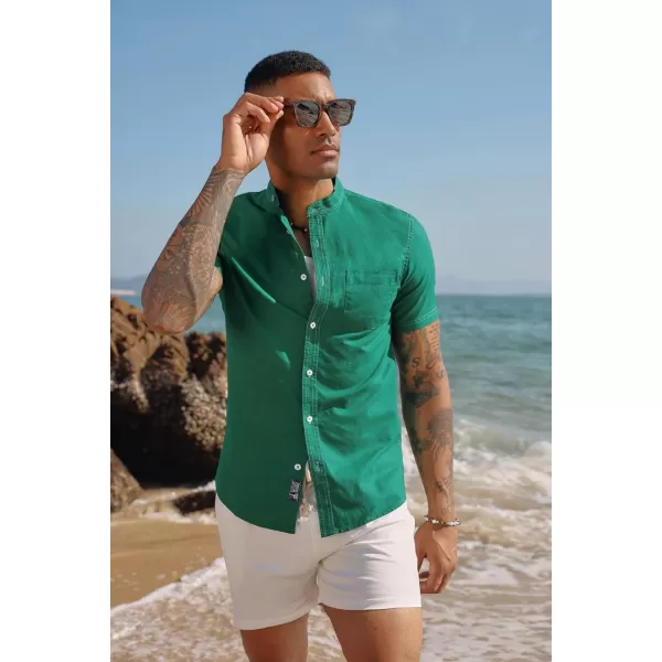 PJ PAUL JONES Mens Linen Shirts Casual Band Collar Short Sleeve Button Down Summer Beach Shirts