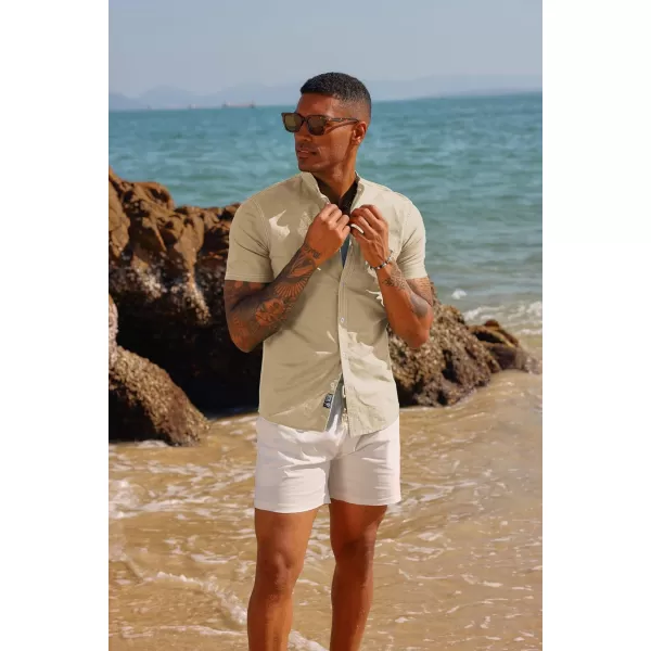 PJ PAUL JONES Mens Linen Shirts Casual Band Collar Short Sleeve Button Down Summer Beach Shirts