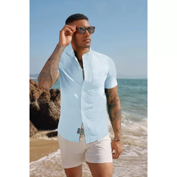 PJ PAUL JONES Mens Linen Shirts Casual Band Collar Short Sleeve Button Down Summer Beach Shirts