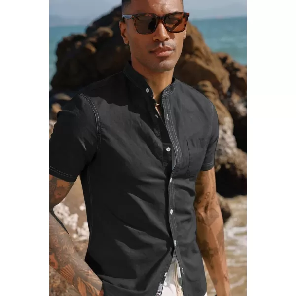 PJ PAUL JONES Mens Linen Shirts Casual Band Collar Short Sleeve Button Down Summer Beach Shirts