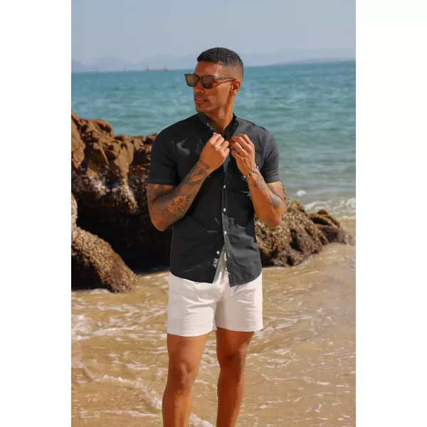 PJ PAUL JONES Mens Linen Shirts Casual Band Collar Short Sleeve Button Down Summer Beach Shirts