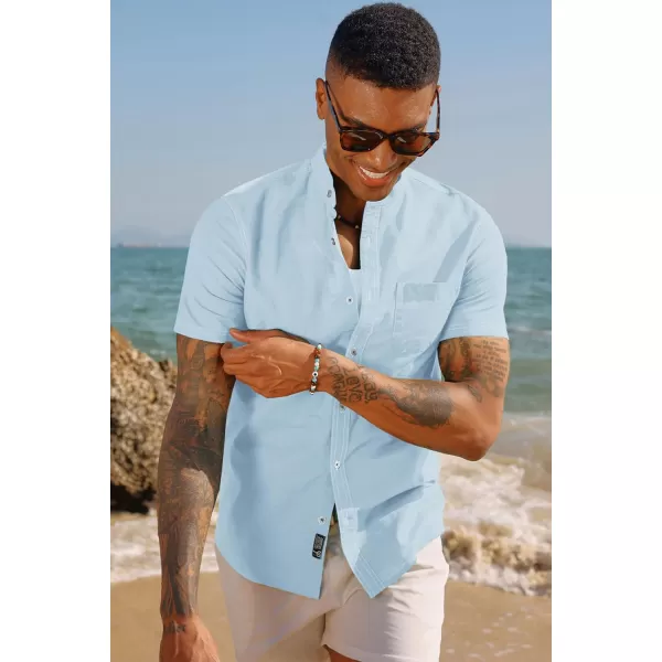 PJ PAUL JONES Mens Linen Shirts Casual Band Collar Short Sleeve Button Down Summer Beach Shirts