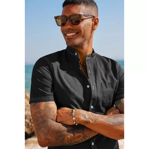 PJ PAUL JONES Mens Linen Shirts Casual Band Collar Short Sleeve Button Down Summer Beach Shirts
