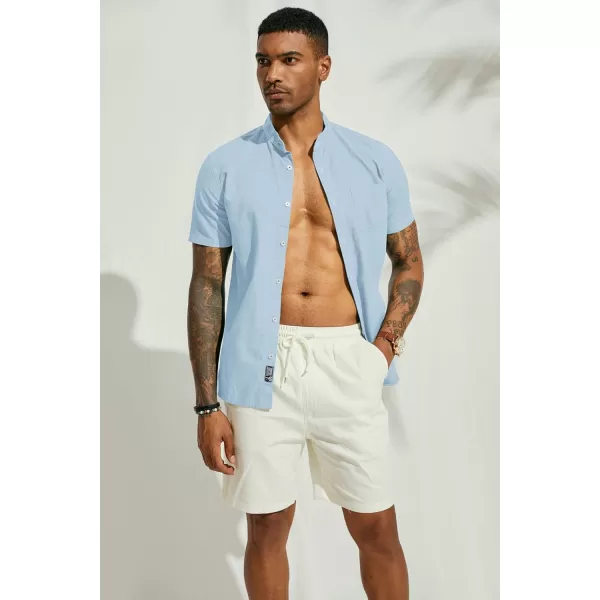 PJ PAUL JONES Mens Linen Shirts Casual Band Collar Short Sleeve Button Down Summer Beach Shirts