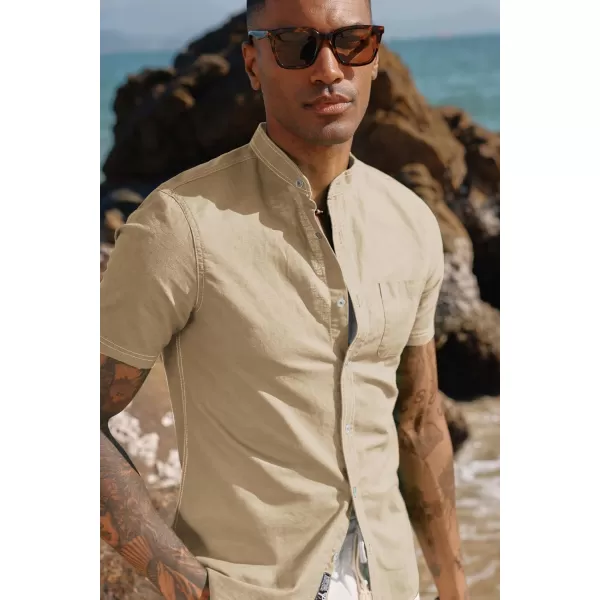 PJ PAUL JONES Mens Linen Shirts Casual Band Collar Short Sleeve Button Down Summer Beach Shirts