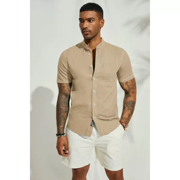 PJ PAUL JONES Mens Linen Shirts Casual Band Collar Short Sleeve Button Down Summer Beach Shirts