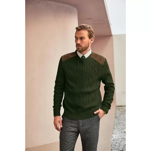 PJ PAUL JONES Men's Military Pullover Sweater Crewneck Vintage Cable Knit Sweater with Suede Patchwork