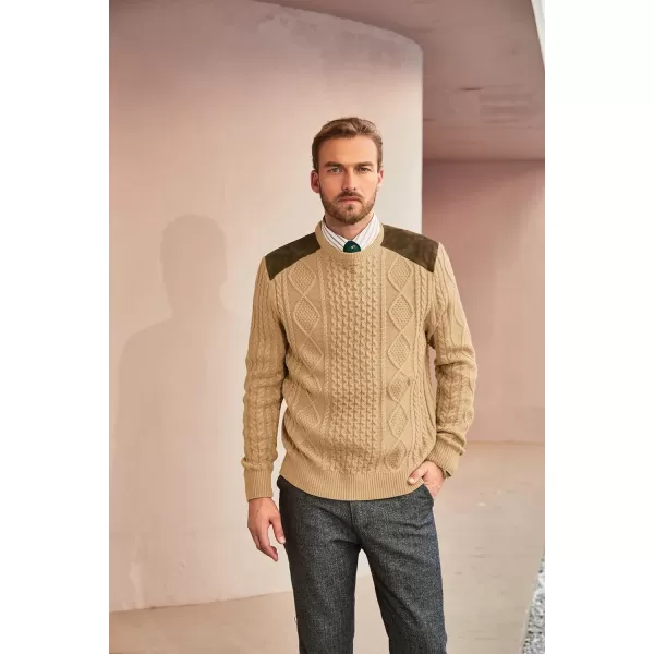 PJ PAUL JONES Men's Military Pullover Sweater Crewneck Vintage Cable Knit Sweater with Suede Patchwork